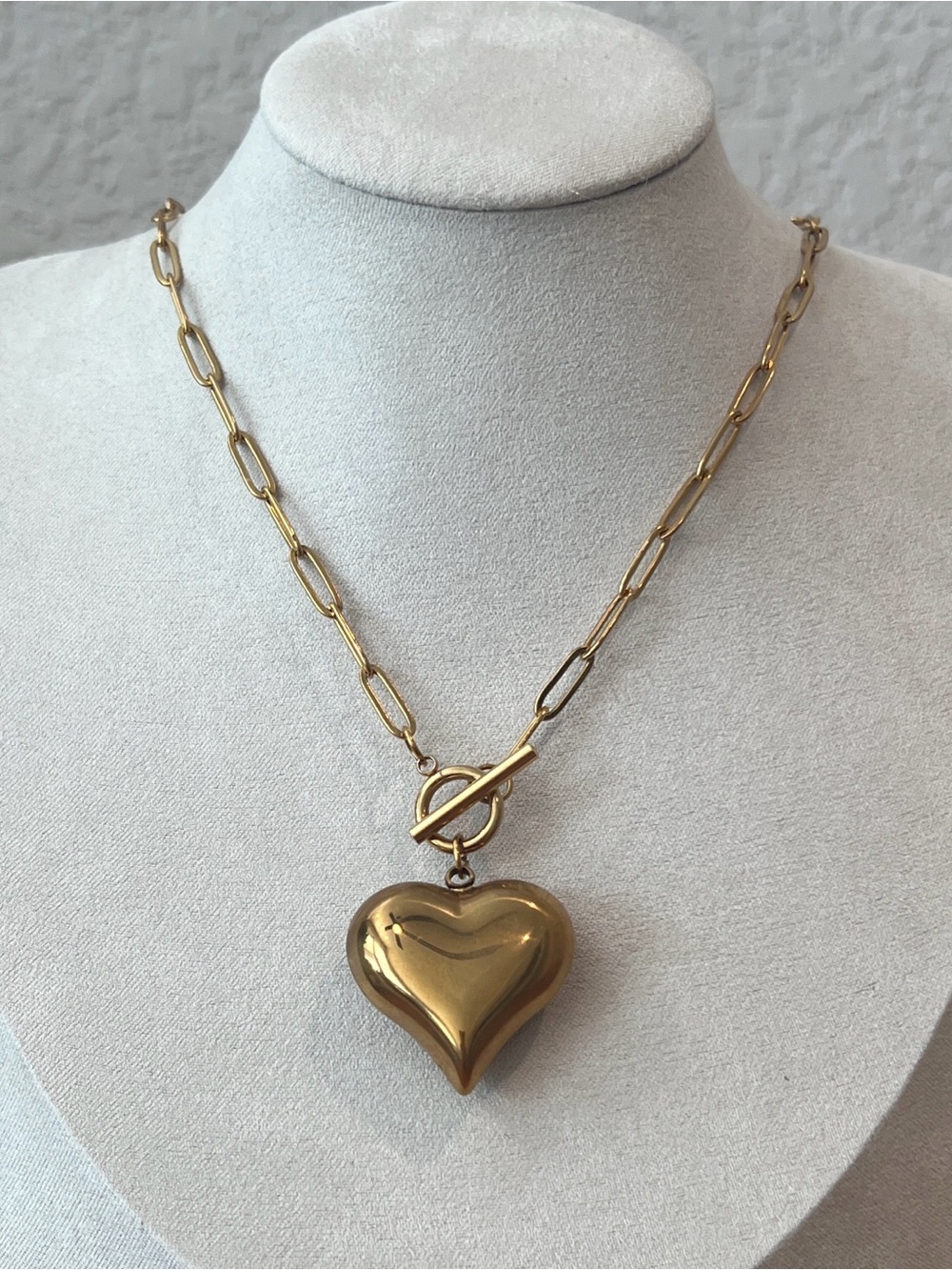 Gold Puffy Heart Toggle Necklace Waterproof Tarnish Free Paperclip Chain